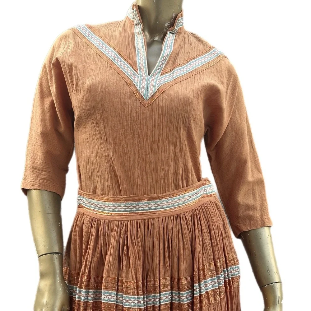 VINTAFE GEORGIE OF ARIZONA GAUZE & COPPER METALLIC PATIO DRESS 2-PIECE SKIRT SET